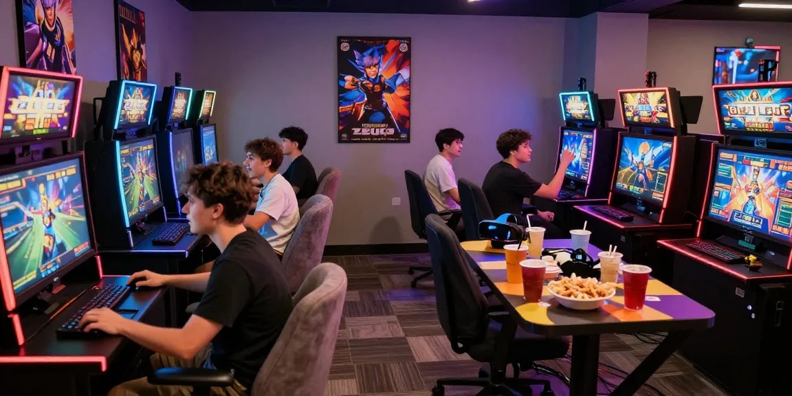Players enjoying the thrill of zeus slot in a lively gaming room, vibrant LED lights and snacks