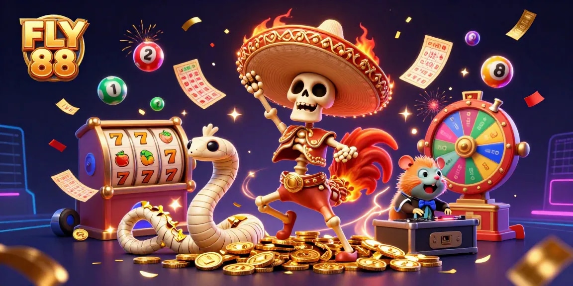 Join the excitement at FLY 88 with vibrant slot reels and festive celebration elements.