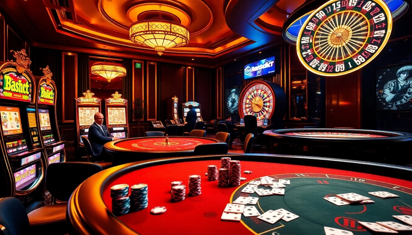 Spectacular gambling scene at https://shbet.law/ featuring poker tables and vibrant slot machines.
