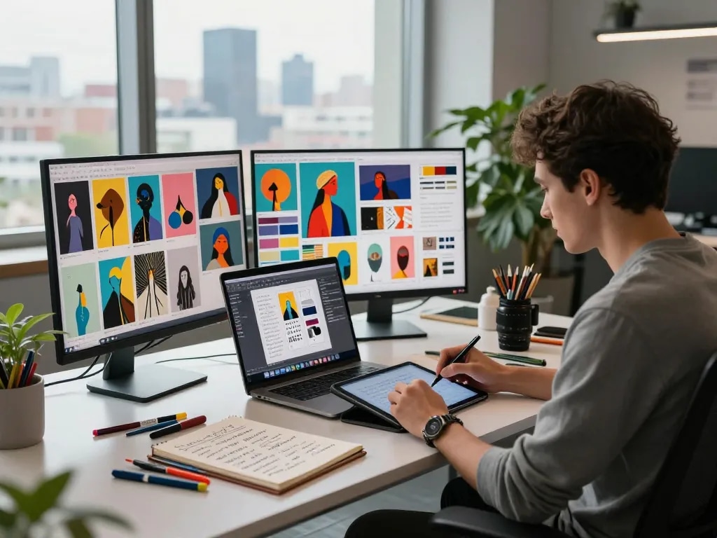Digital artist using image to prompt ai tools in a modern workspace