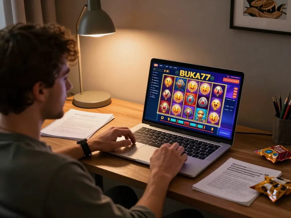 Engaging in BUKA77 SLOT gameplay, showcasing a dynamic online gaming experience with vibrant visuals.