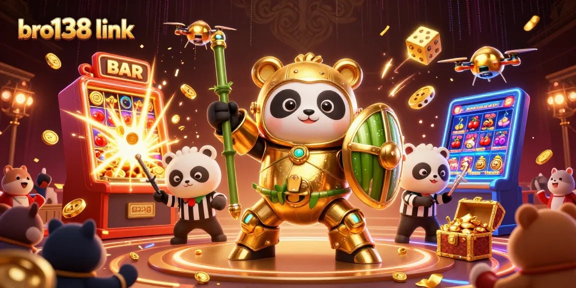Play exciting games at bro138 link with vibrant slot symbols, cheering fans, and jackpot elements.