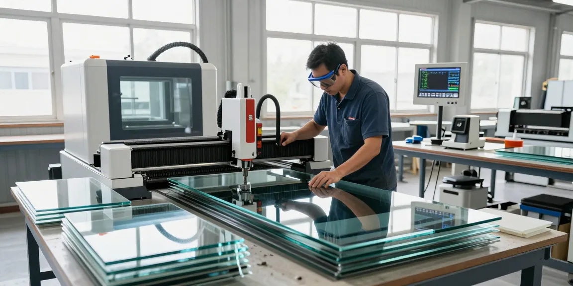 Cutting machine glass in action operated by technician in modern workshop.