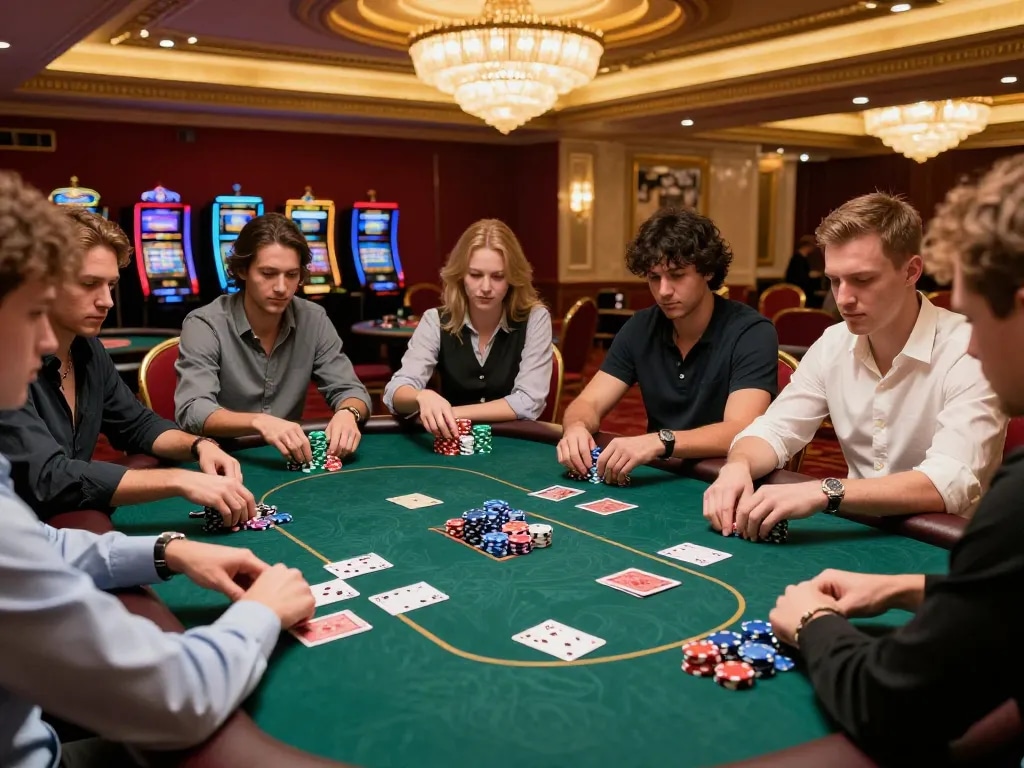 58win poker players strategizing at an elegant table in a vibrant casino atmosphere.