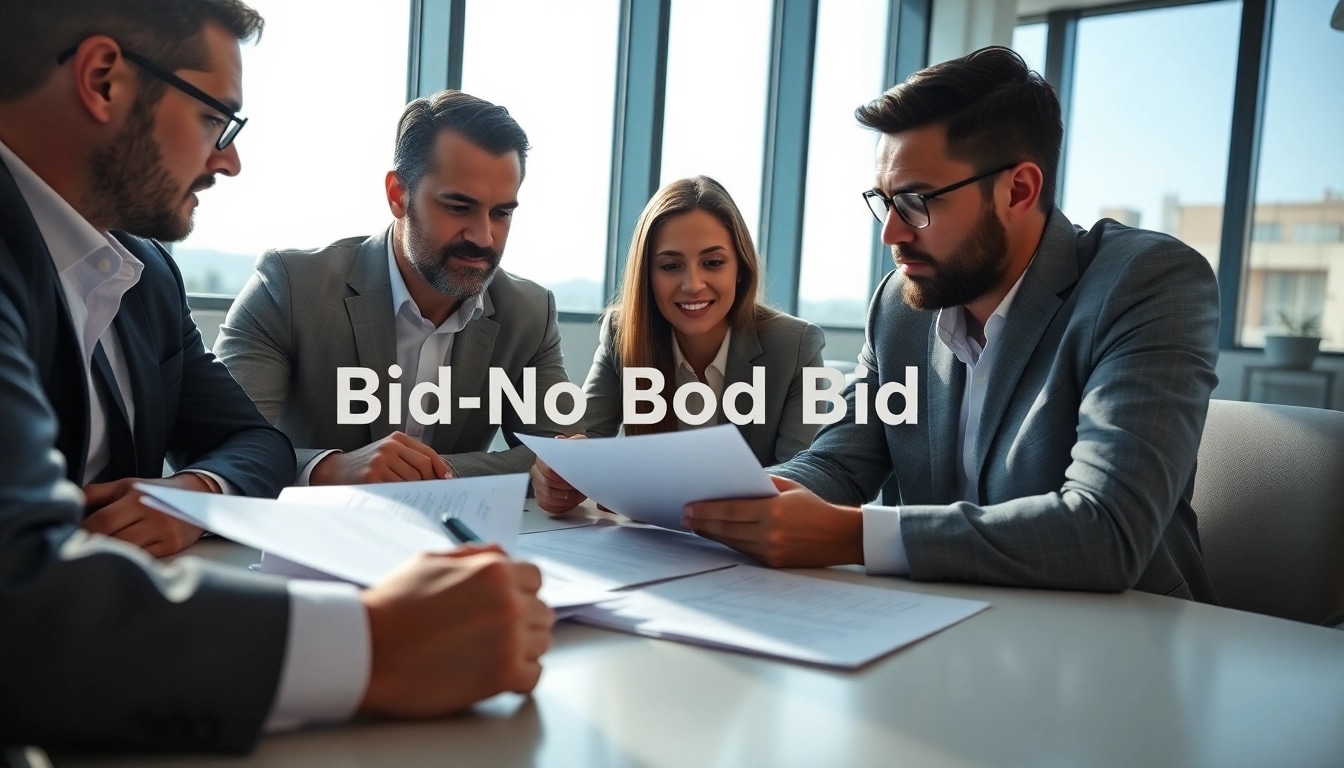 Engaged team analyzing Bid-No-Bid Analysis in a modern office setting.