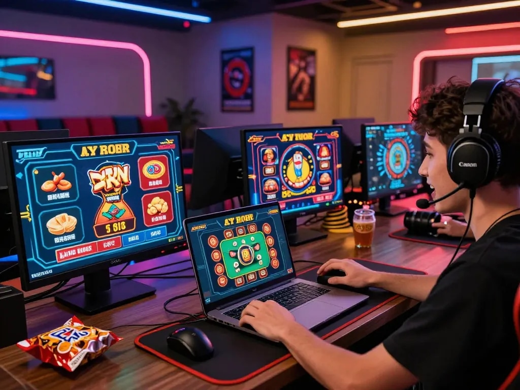 Engaged player in vibrant gaming setup, showcasing tải go88 excitement in online casino.