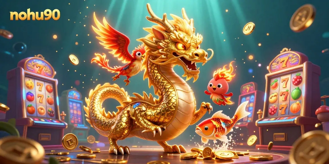 Experience vibrant casino excitement with nohu90 as playful 3D characters and slot machines fill the scene.