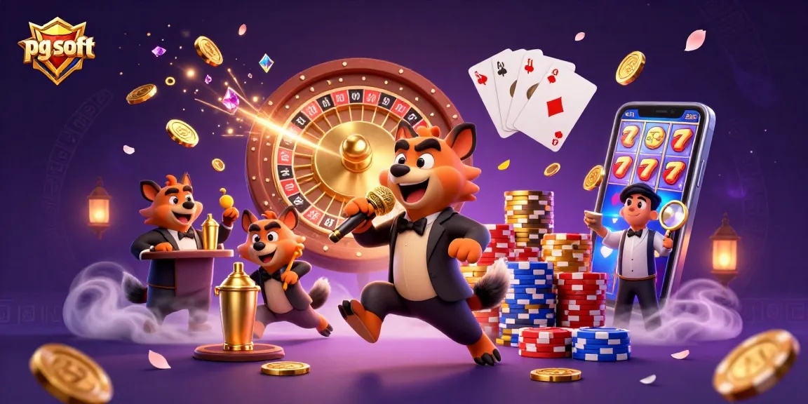 Engage with pg soft's dynamic casino scene featuring hyena characters playing slots and comedy.