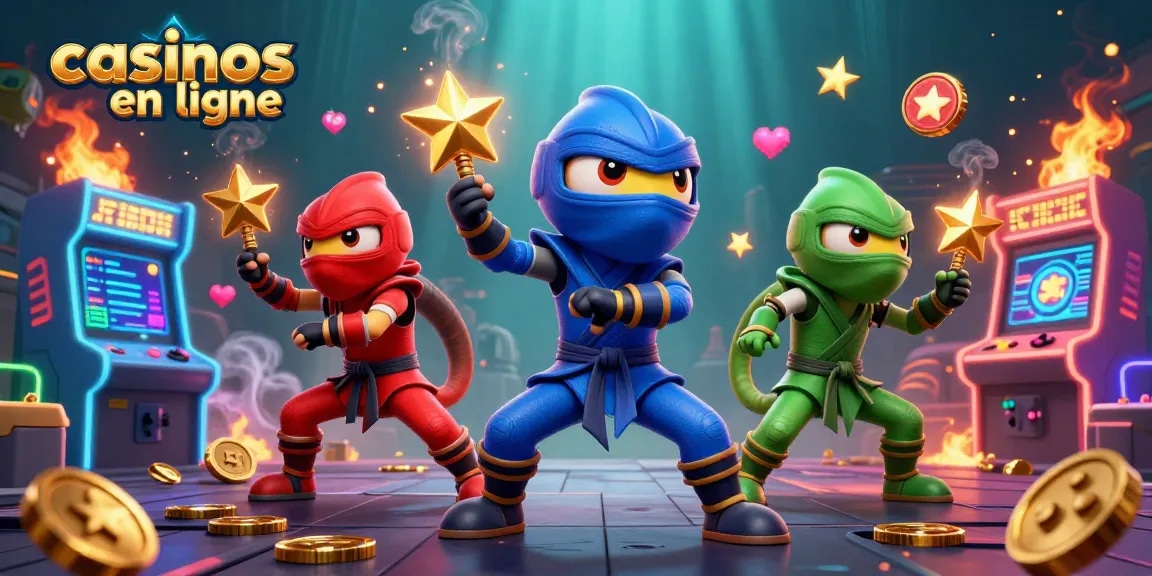 Profitez des jeux passionnants des casinos en ligne avec une équipe de caméléons ninjas en pleine action.