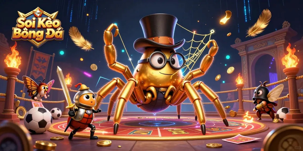 Soi Kèo Bóng Đá analysis with vibrant illustration of a golden tarantula and beetle knight in a dynamic sports betting scene.