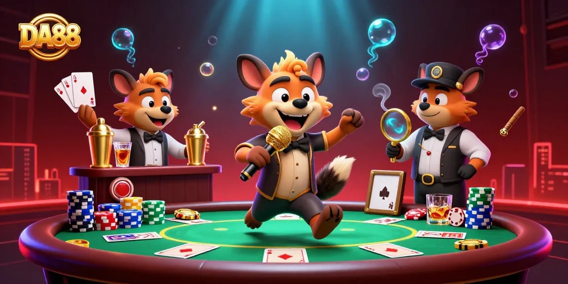 DA88 hyenas creating a lively casino atmosphere with poker elements and comedy, showcasing vibrant action.