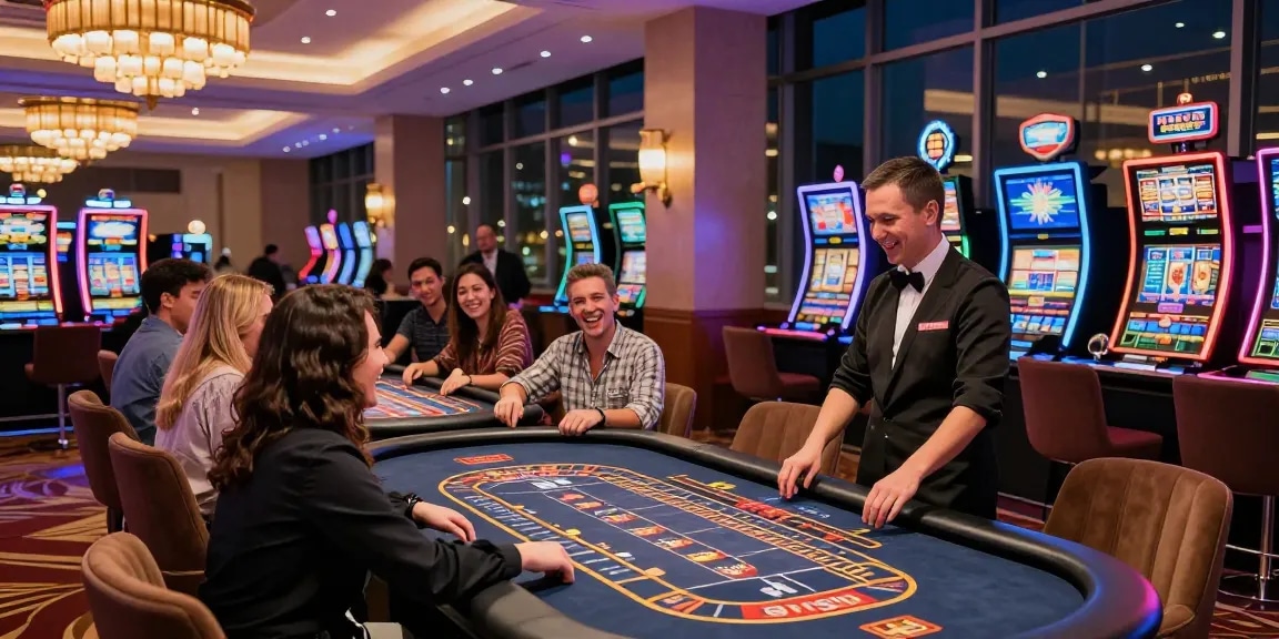 Engaging gaming atmosphere at a modern casino, highlighting players enjoying table games and slots, featuring https://lctltd.co.uk.
