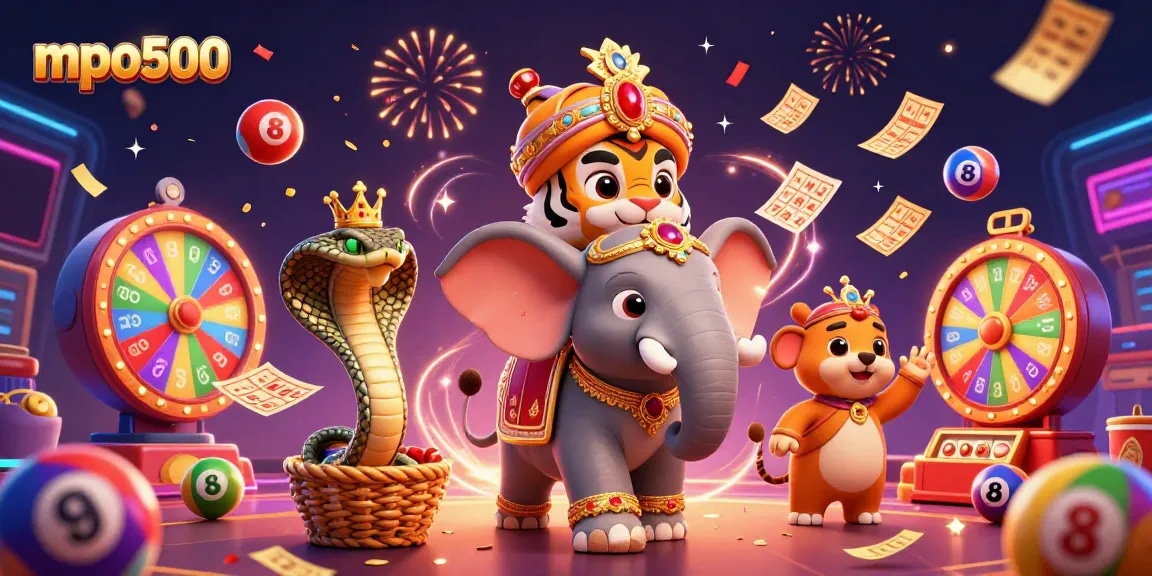 Experience the thrill of mpo500 with vibrant lottery elements and enchanting characters in a dynamic casino scene.