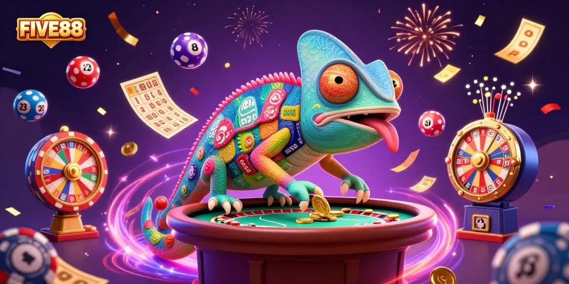 Experience the excitement of FIVE88 with a vibrant casino scene featuring a chameleon owner amidst colorful lottery elements.