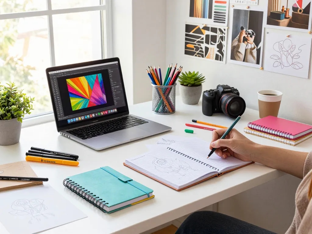 Designer working on custom notebooks at a colorful creative workspace.