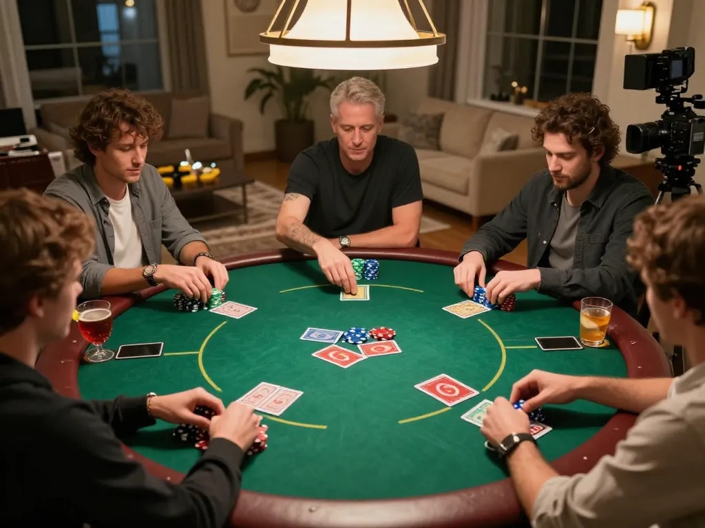 Players engage in a strategic home poker night at SC88VN with vibrant chips and cards.