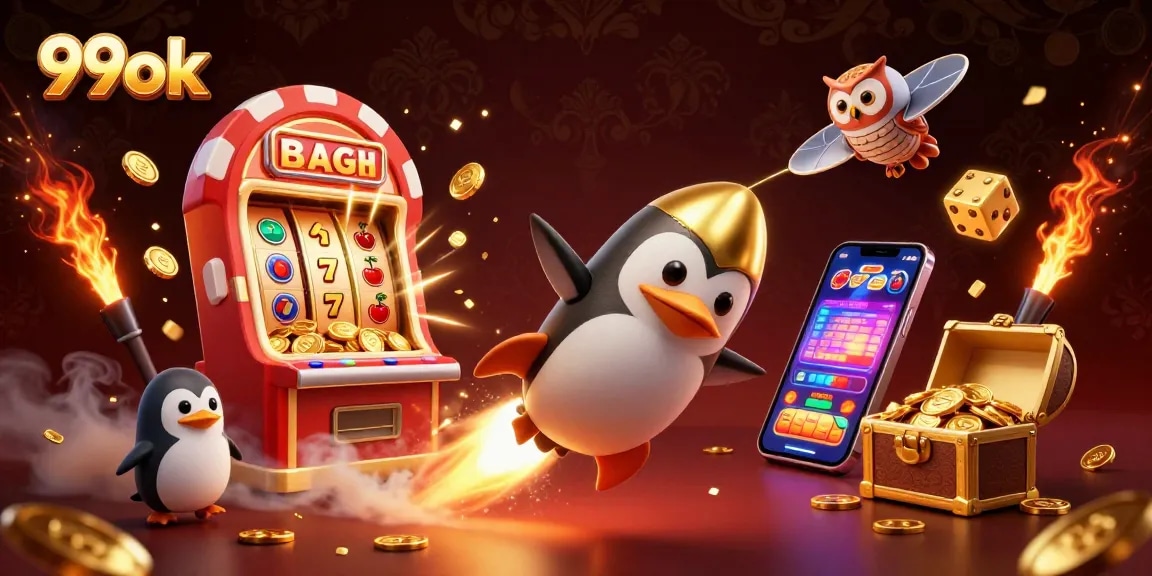 Experience the thrill of 99ok as a golden penguin navigates a casino universe filled with jackpots and excitement.