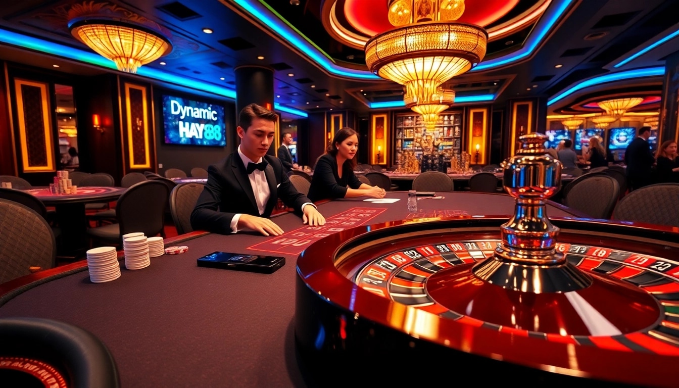 Hay88 players strategizing at a luxury poker table in an elegant casino setting.