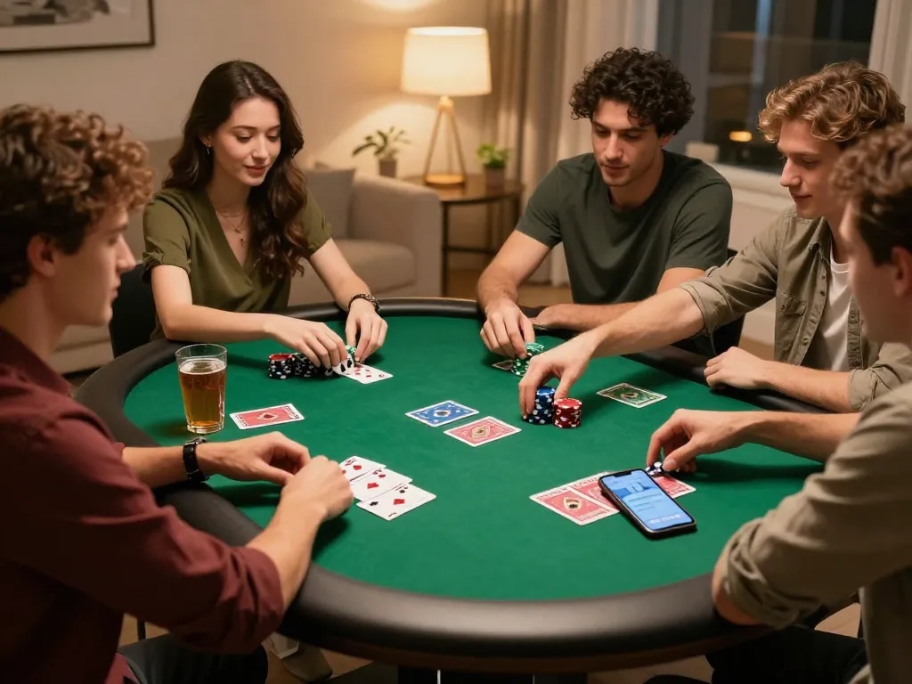 Friends enjoying a poker night with snacks and drinks, focusing on slot gacor gampang menang strategies.