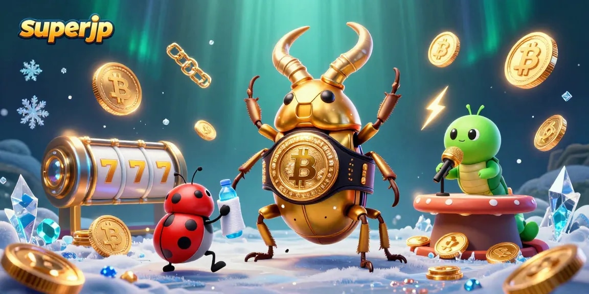 Experience thrilling gameplay at superjp with a dynamic scene of a giant golden beetle boxing amidst slot reels.