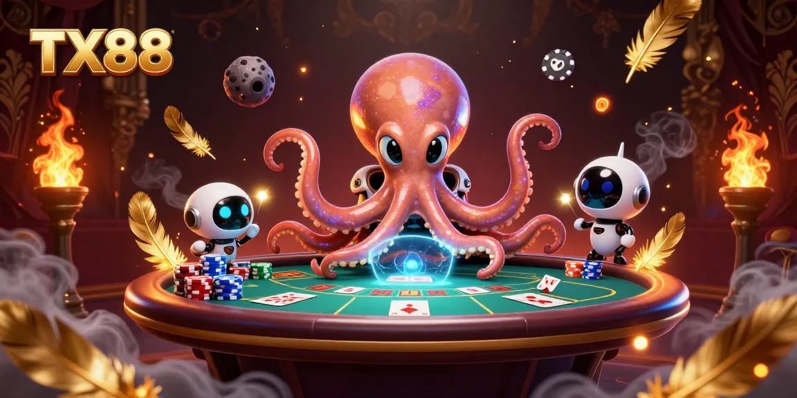 TX88 casino scene with a vibrant alien octopus at a holographic poker table.