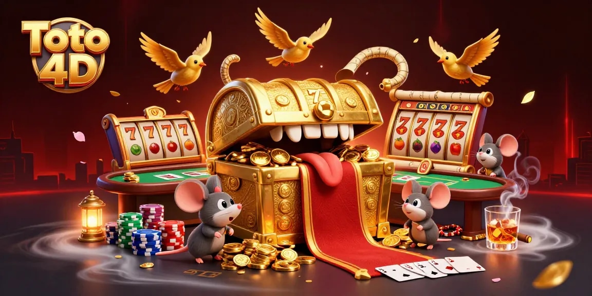 Toto 4D slot gaming scene with vibrant treasure chest, golden coins, and poker elements.
