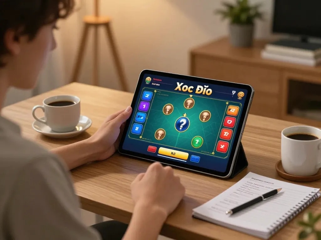 Xóc Đĩa gameplay on a tablet showcasing an engaging online gambling experience in a cozy home setting.