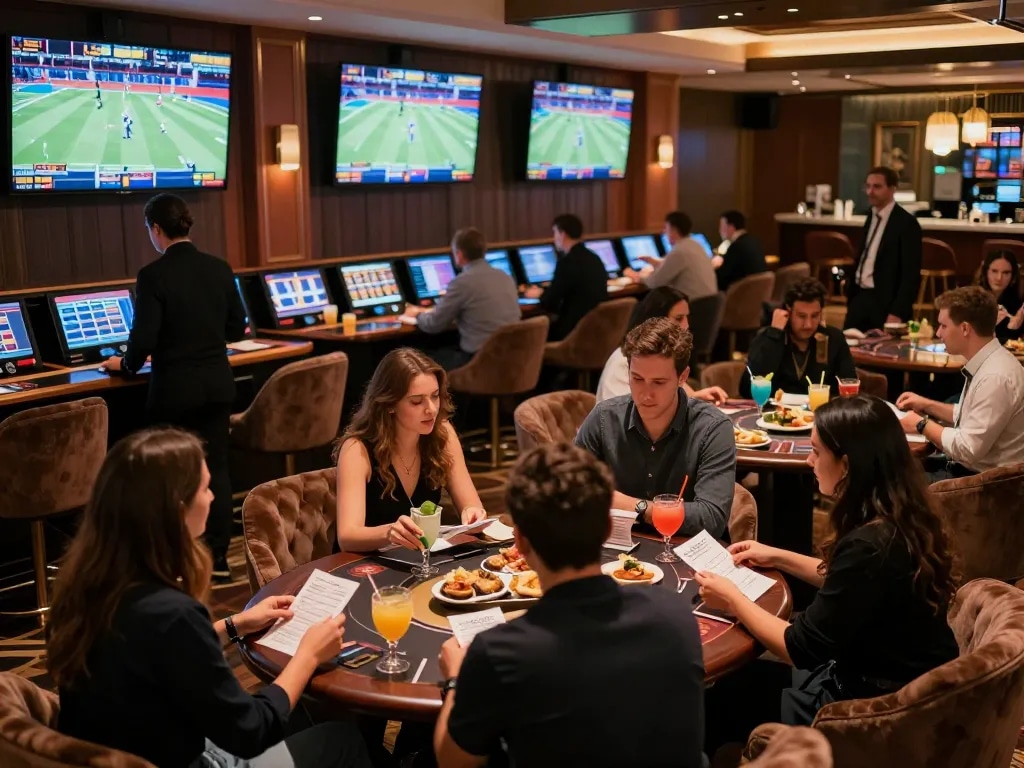 Exciting sports betting action at Fun88 com sportsbook with fans cheering and screens showing live games