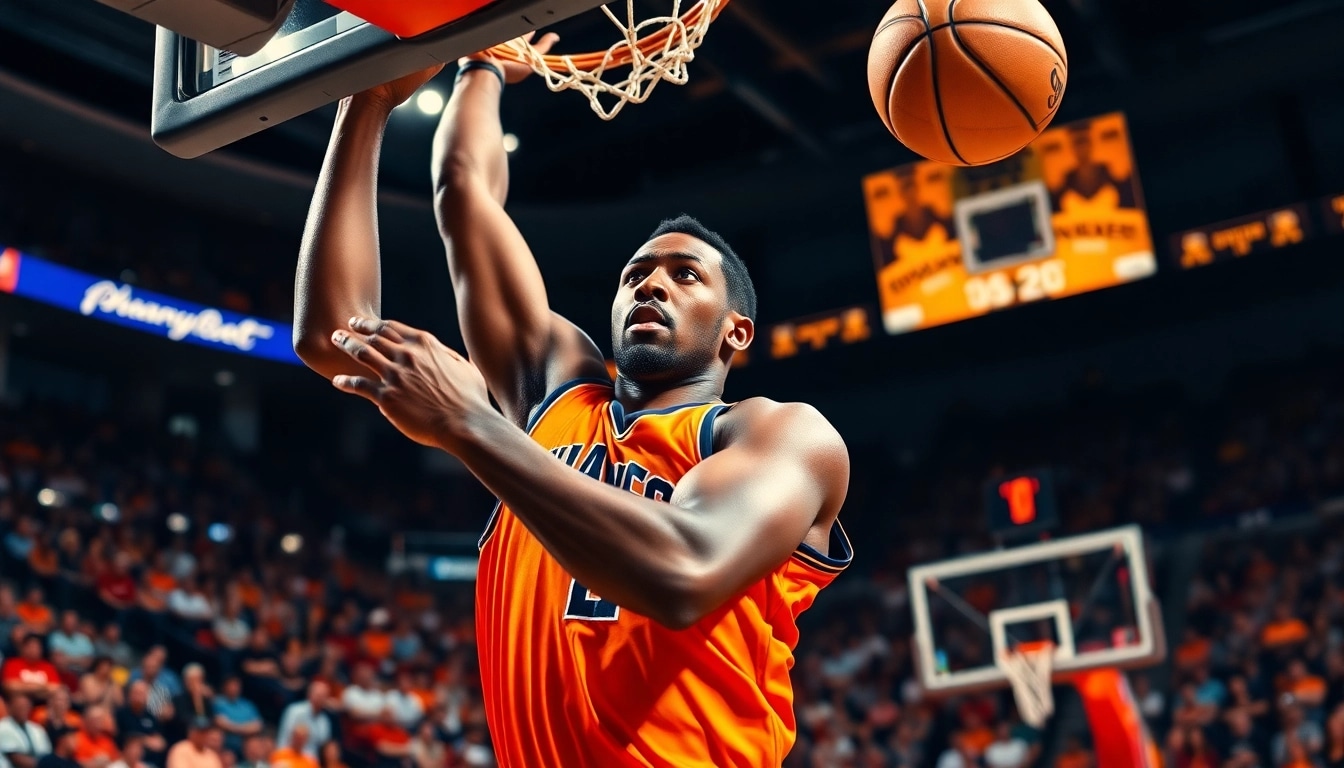 Dee Brown executing an impressive dunk in a vibrant basketball arena.