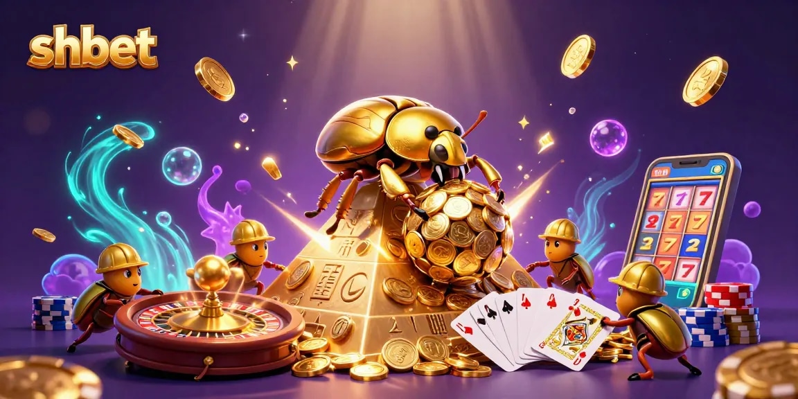 Experience thrilling betting at shbet with a gold beetle triumphantly rolling coins up a casino-themed pyramid.