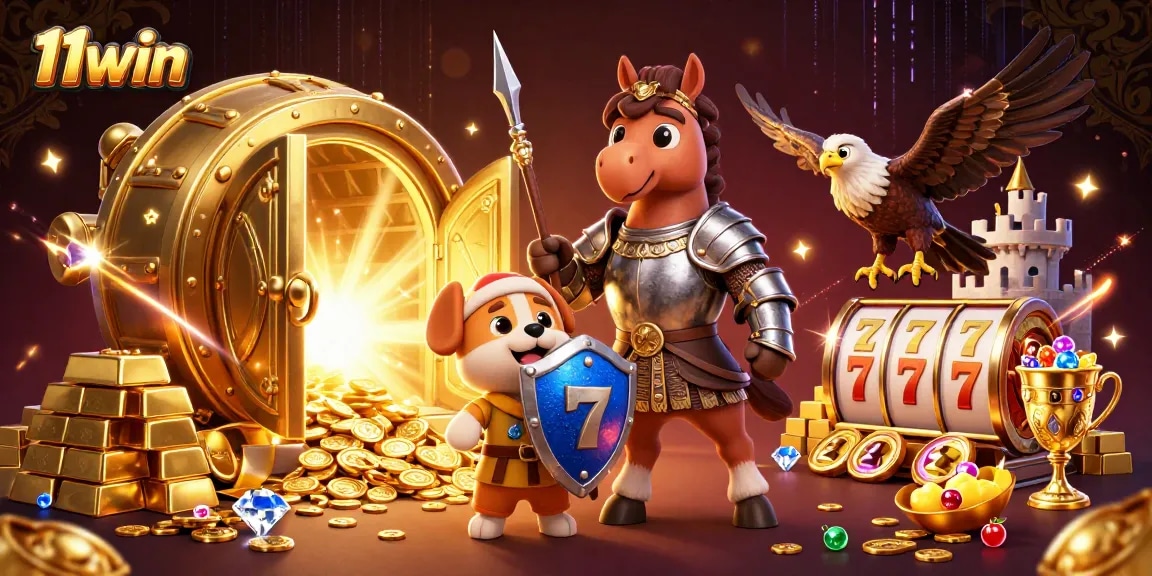 11win features a knight and squire puppy with treasures and slot symbols in a rich casino setting.