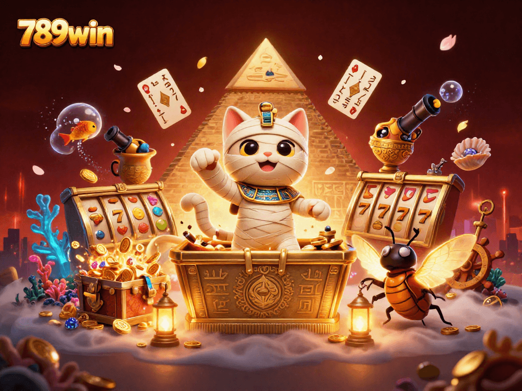 Experience excitement at 789win with a vibrant scene of a mummy cat and treasure in a dynamic casino