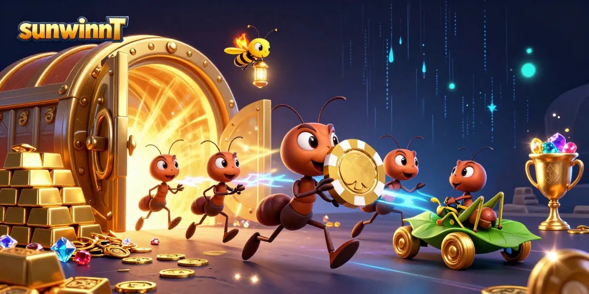 Experience the thrill of sunwinnt with ants heisting a massive poker chip in a vibrant casino scene.