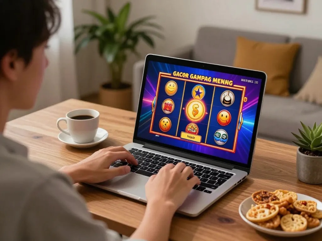 Enjoying online slot gacor gampang menang on laptop at home gaming space with snacks and coffee.