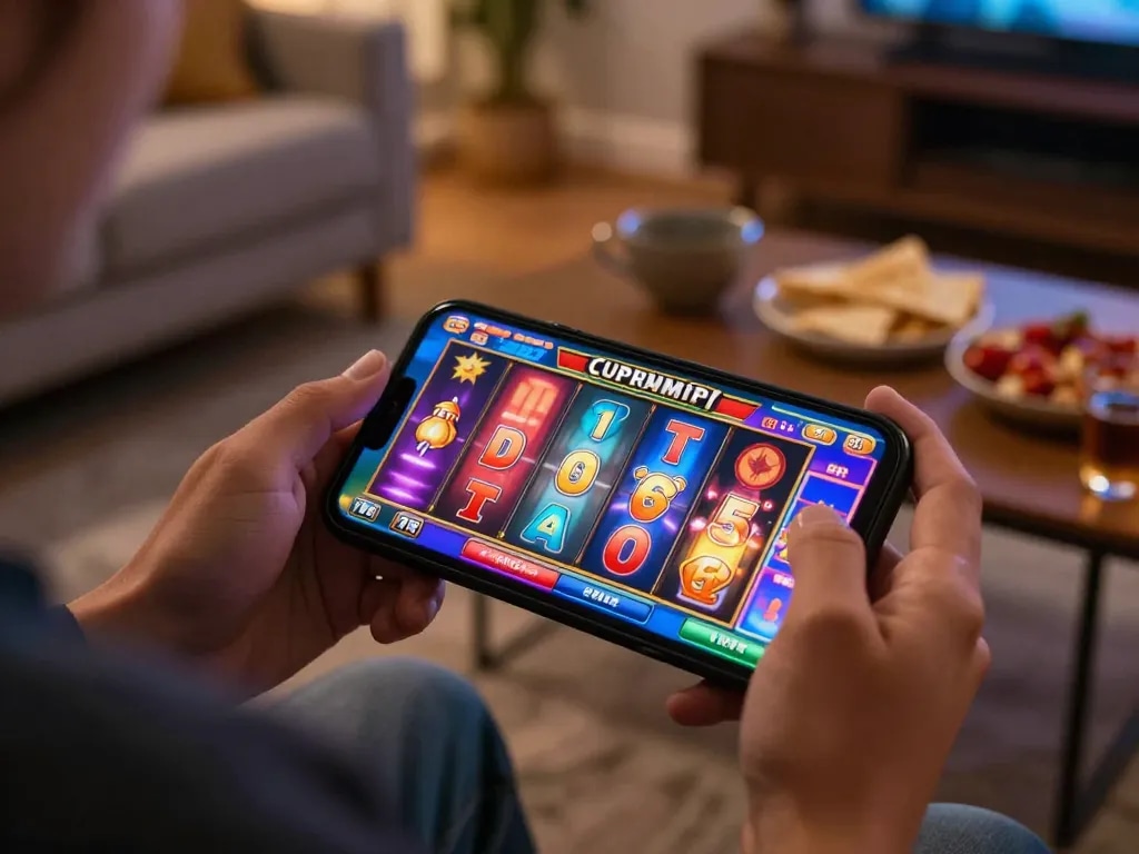 Player engaging with link slot game on smartphone in cozy home setting, showcasing colorful interface and excitement.