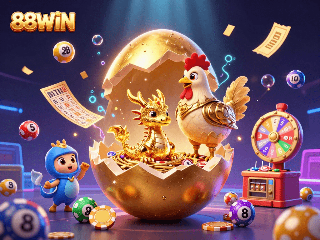 88WIN reveals a golden dragon amidst a vibrant casino backdrop, igniting excitement in gambling.