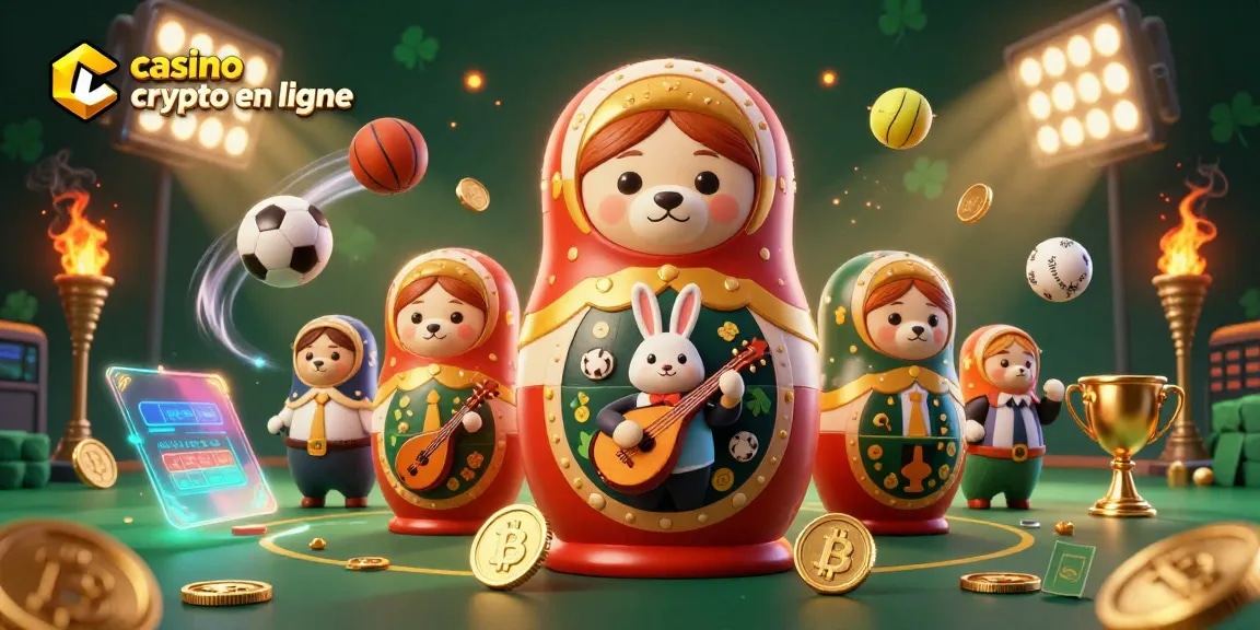 Inspirez-vous du casino crypto en ligne avec des ours matriochkas et des pièces en Bitcoin dans une scène animée.