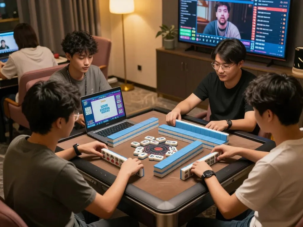 Players engaging in a Mahjong game at modern online casino highlighted by vibrant digital tiles.