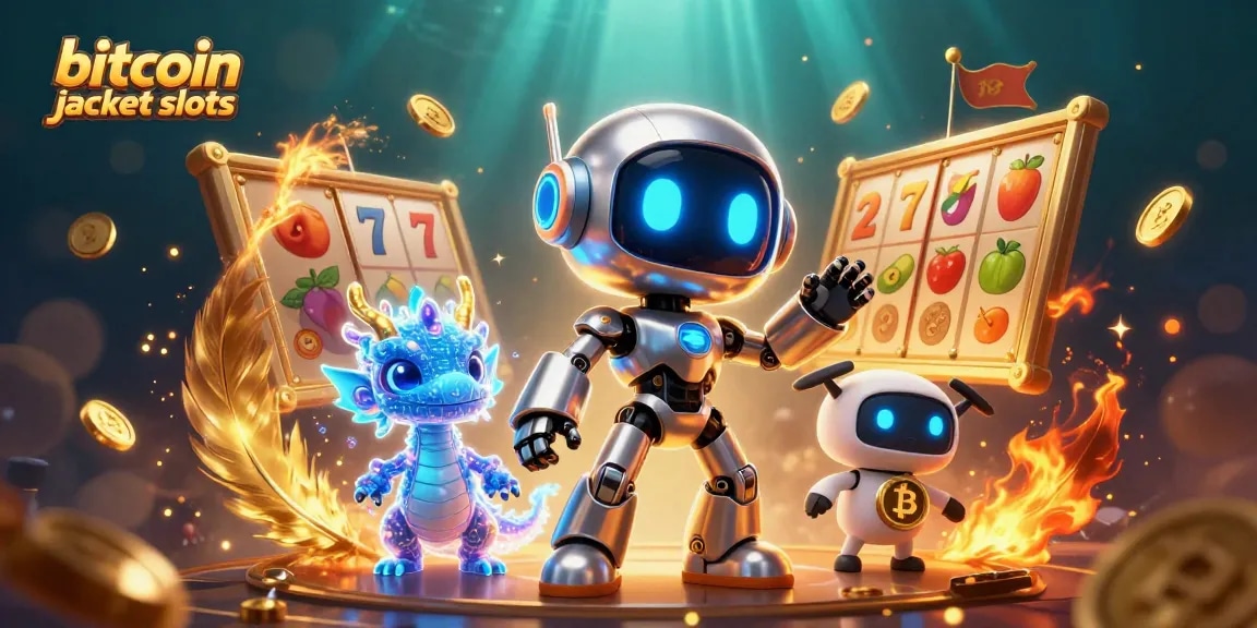 Experience thrilling bitcoin jackpot slots with a cyberpunk robot and holographic companions.