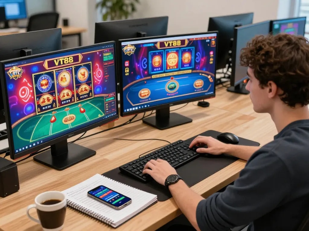 Engaged player at VT88 online casino using multiple screens for an immersive gaming experience.