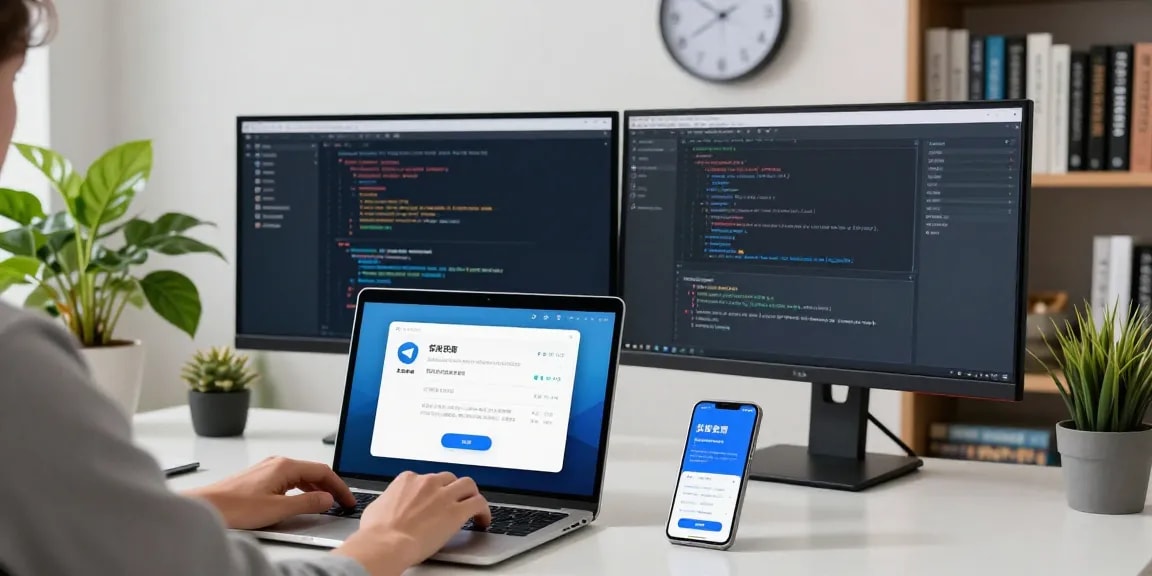 Setting up Telegram中文 interface in a modern tech workspace, highlighting user interaction and productivity.