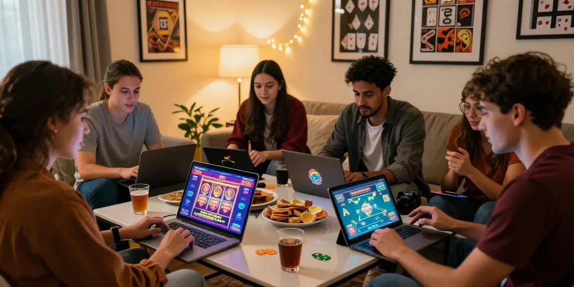 Des amis profitant d'une session animée de casino francais en ligne avec des ordinateurs portables et des collations dans un salon confortable.