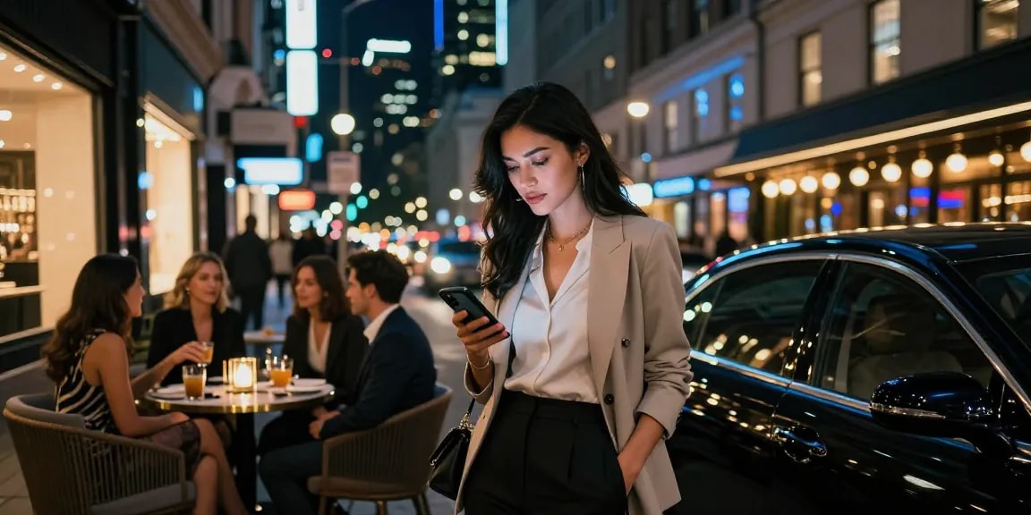 Stylish woman in city nightlife representing call girl services, illuminated urban background.