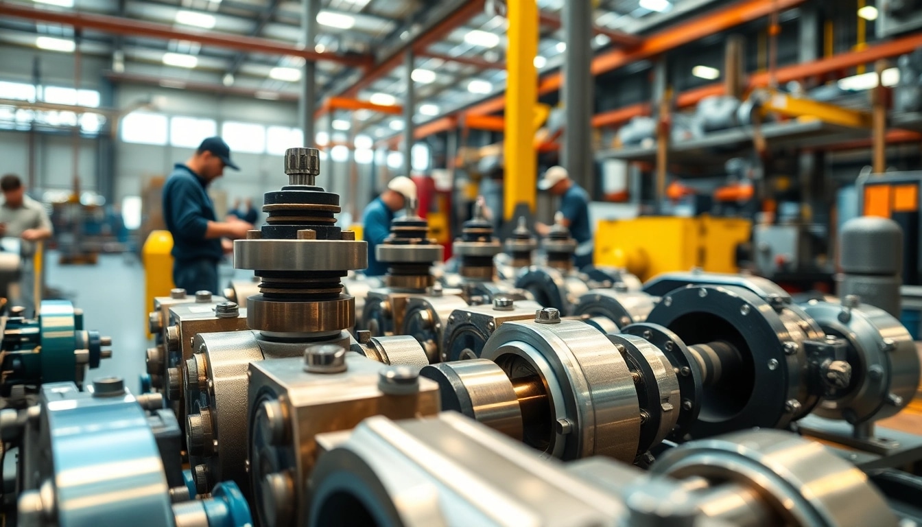 Showcasing intricate industrial hydraulics solutions in action within a busy factory environment.