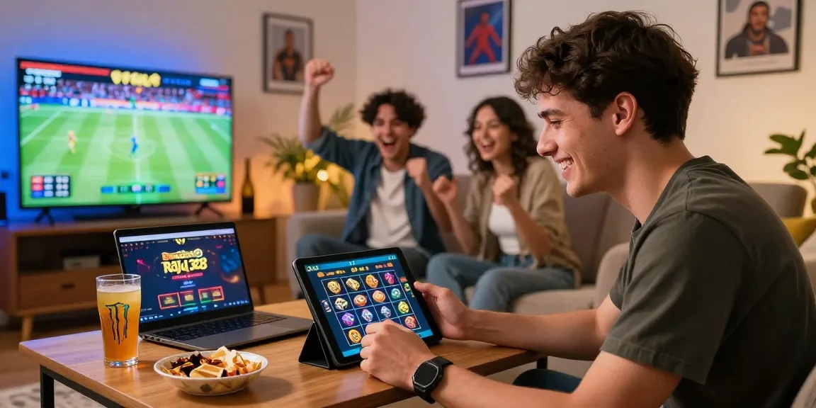 Exciting gaming scene with players engaged in raja 328 online slots and sports betting.