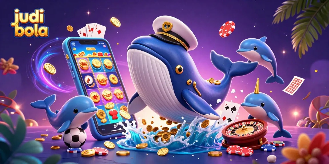 Engage in judi bola excitement with a whale captain and lively dolphins amidst vibrant sports elements.