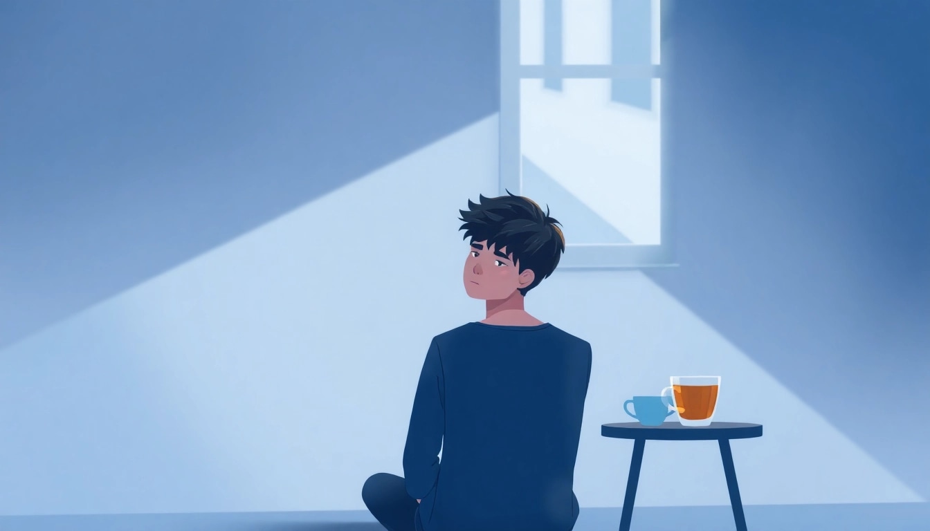 Identify depression symptoms through a portrayal of a person reflecting alone in a calm room.