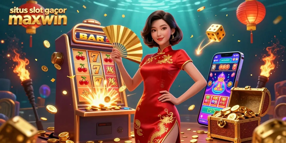 Experience the excitement of situs slot gacor maxwin with a vibrant casino scene featuring a confident Asian woman and a jackpot explosion.