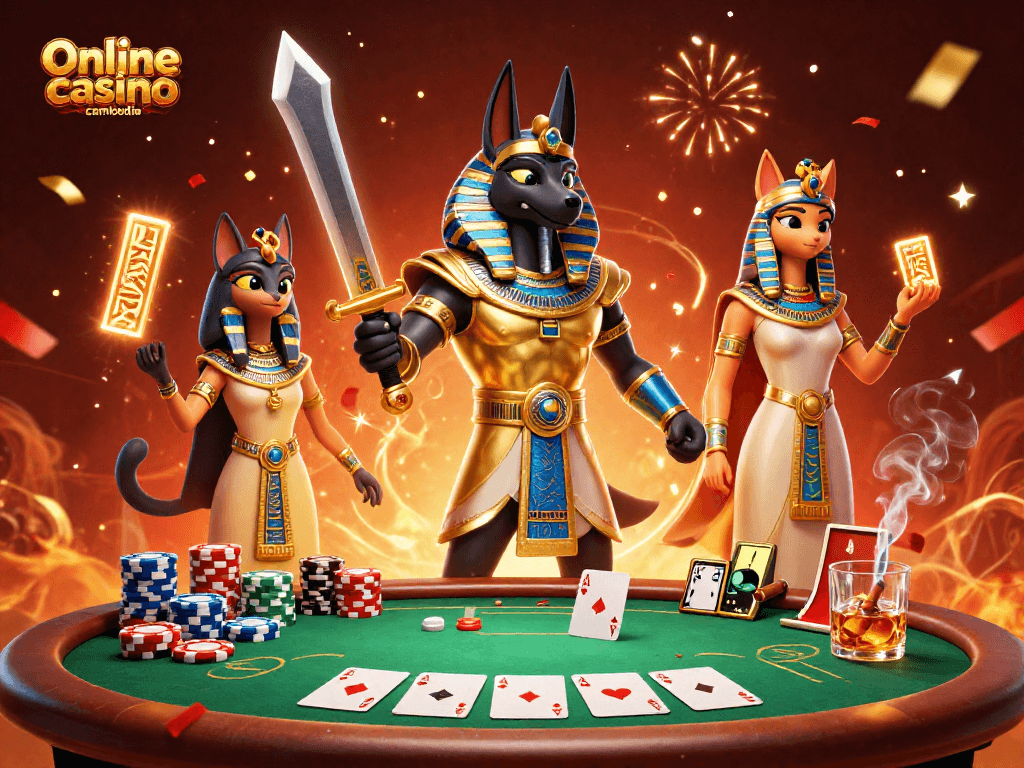 Experience the excitement of Online casino cambodia with Anubis and Bastet at a vibrant poker table.