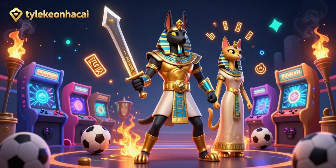 Watch the dynamic betting scene with tylekeonhacai, featuring Egyptian warriors and colorful game elements.